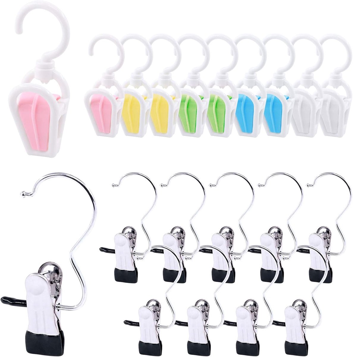 20 stuks washaken set, zwarte roestvrijstalen draagbare hangers en kleurrijke plastic draaibare washaken voor het ophangen van hoeden, broeken, sokken en ondergoed