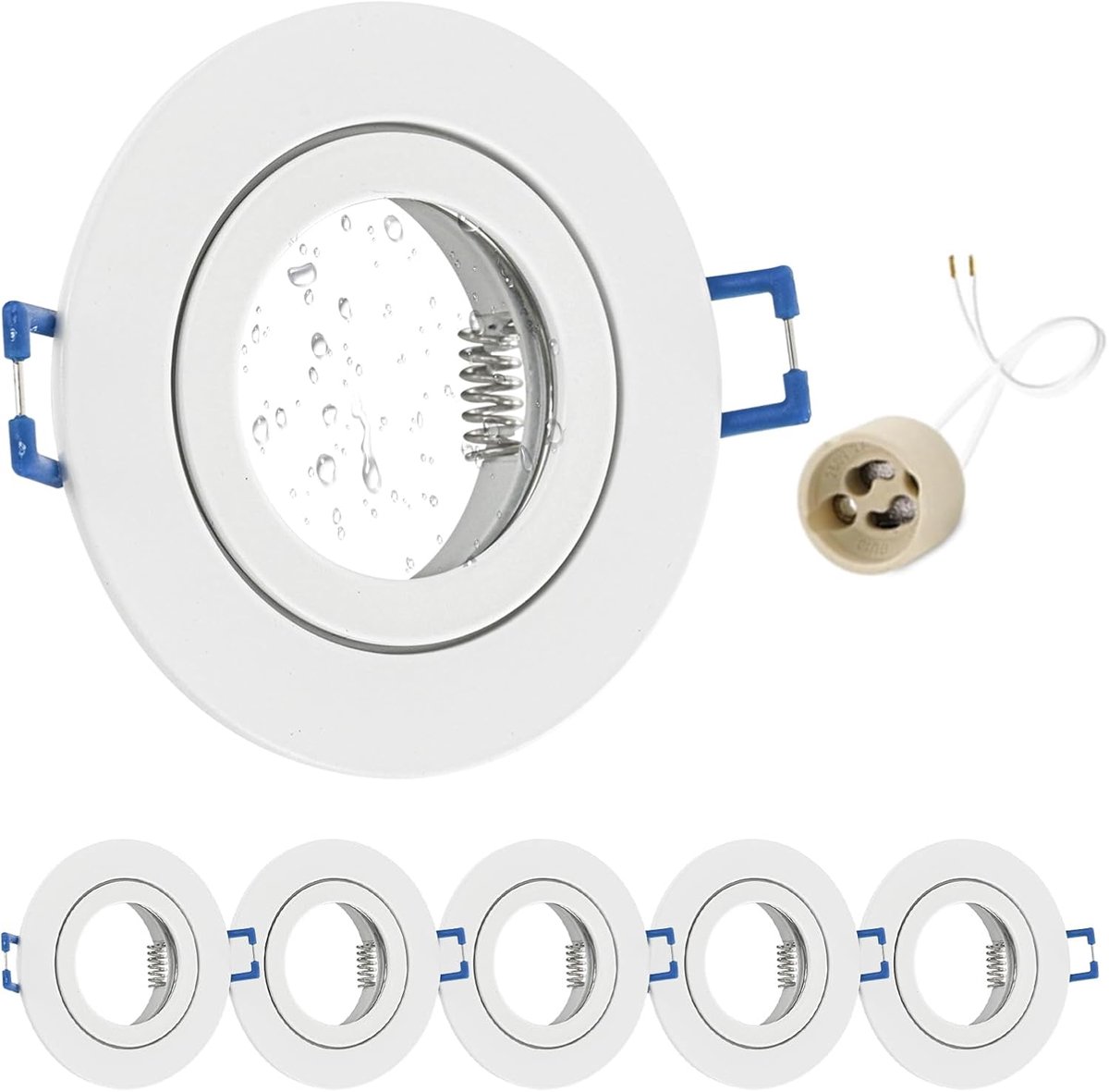 6 x led-inbouwspot, 230 V, IP44, frame met GU10-fitting, plafondspots van aluminium, wit, rond, plat, spots, badkamer, inbouwframe, 68 mm, voor buiten, binnen