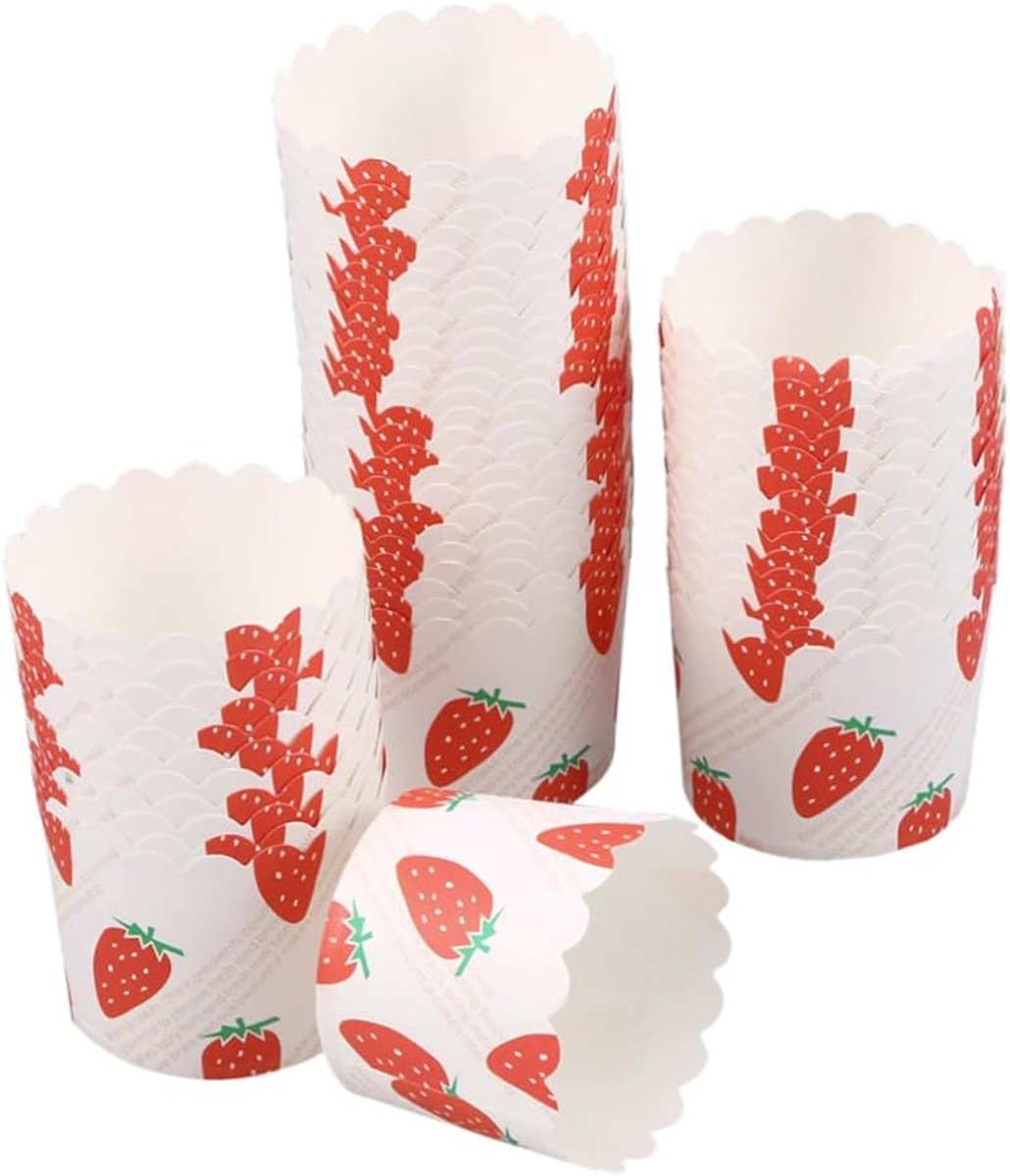 50 stuks hittebestendige papieren muffinvormpjes met kleurrijke aardbeien-look, bakbestendig, stabiele cupcake-wrapper voor verjaardagen, bruiloften, feesten en desserts