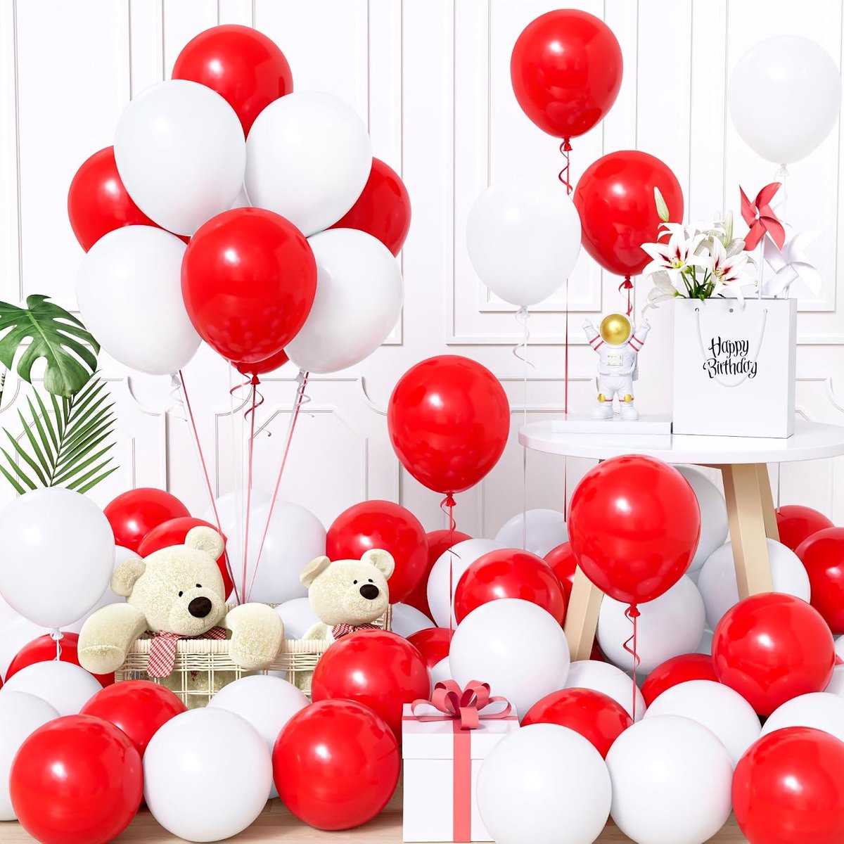 Ballonnen rood en wit, pak van 60 ballonnen van 12 inch (30 cm) mat wit rood latex ballon jongens mannen kinderen babyshower verjaardag bruiloft jubileum afstuderen verloving vrijgezellenfeest