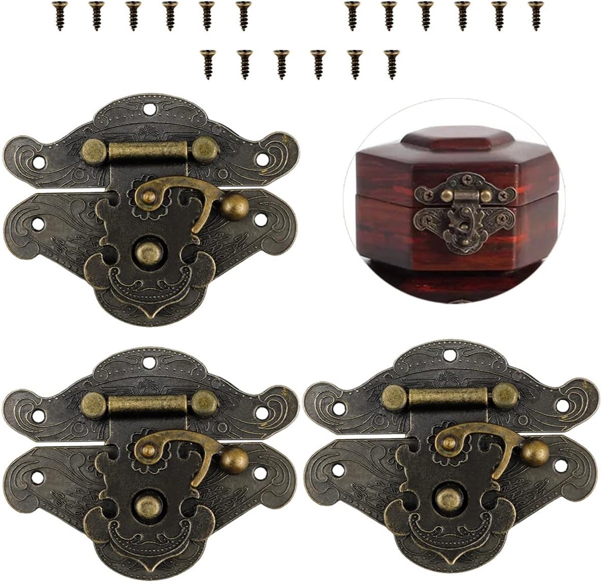 3 Stks Antieke Gegraveerde Klink Hasp Kit, Vintage Klink Hasp Pad Borst Lock Plaat Met Schroeven Voor Sieraden Doos Decoratie Meubels Houten Doos