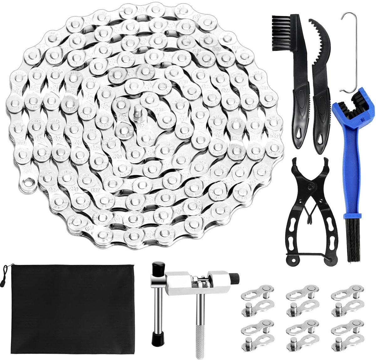6/7/8-versnellingen fietsketting, 1/2 x 3/32 inch (1,27 x 0,24 cm), 116 schakels, fietskettinggereedschap met kettingbreker, kettingtester en 3 paar kettingslot voor 6, 7, 8 racefiets