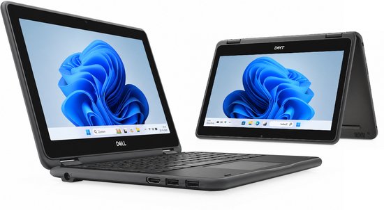 Twee grijze Dell Latitude 3190 2-in-1 laptops: één opengeklapt, de ander in tabletmodus.