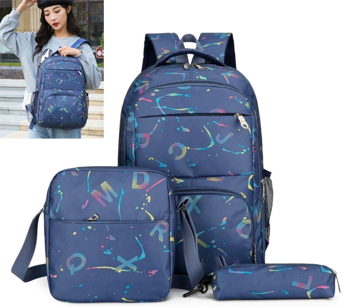 KZQ 3-delige schoolrugzakset 18 inch met lunchtas en etui - Letterprint patroon - Geschikt voor studenten en dagelijks gebruik - Blauw