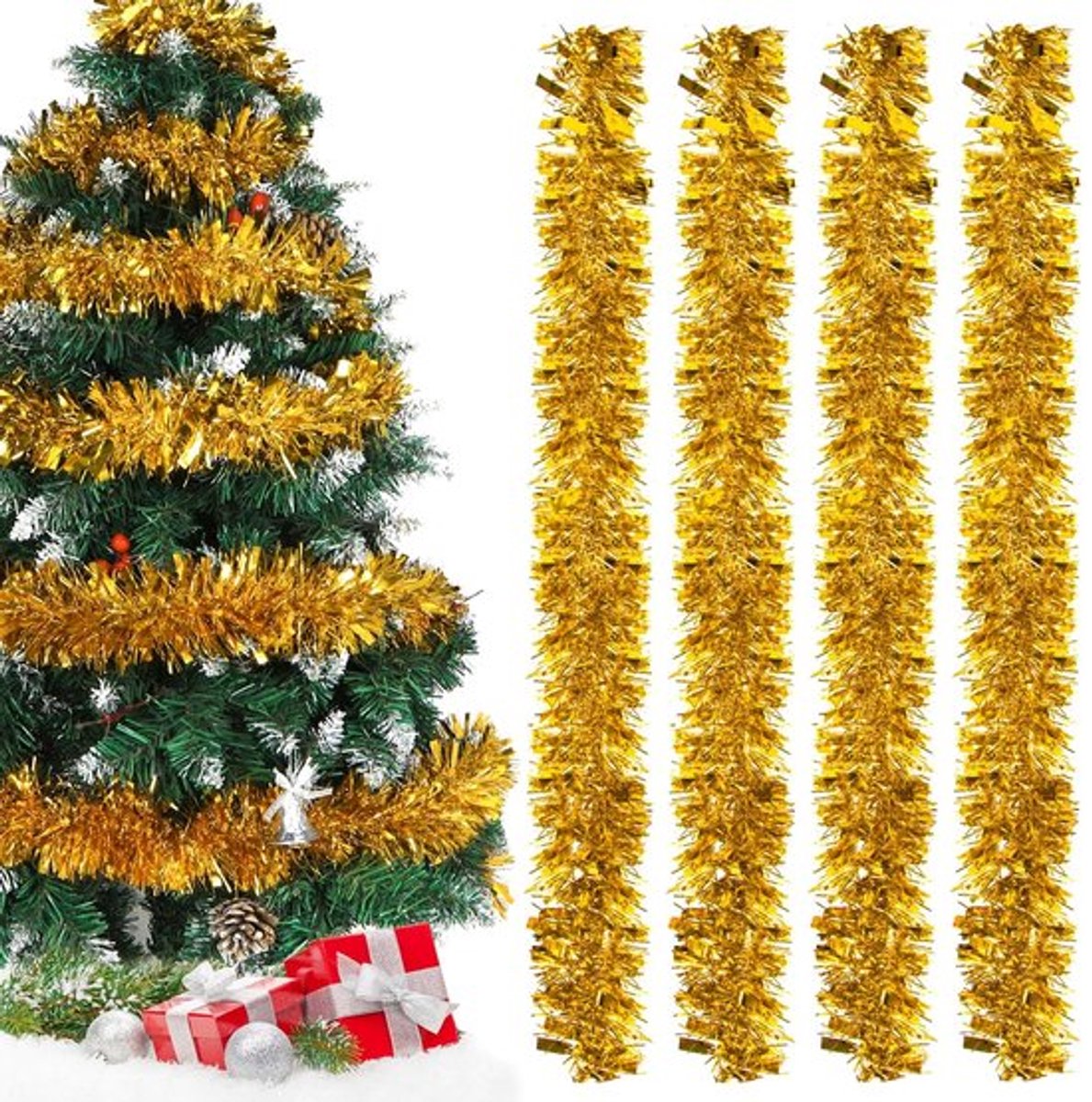 Lametta Slinger - 4 Stuks - 8 m Kerstdecoratie - Metalen Strips - Duurzaam - Verstelbaar in Lengte - Glanzend - Kerstversiering