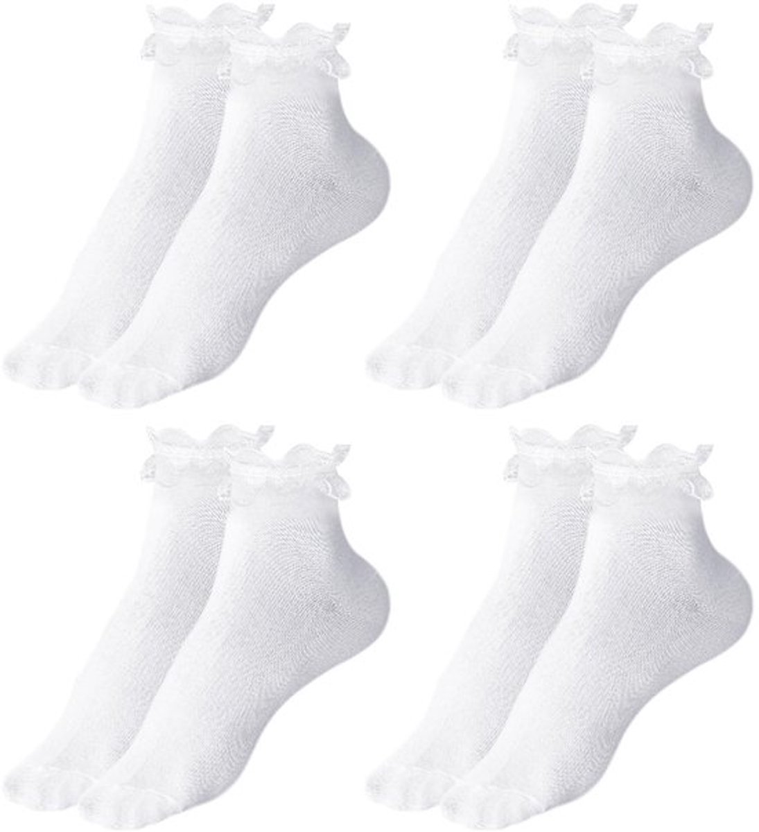 Enkelsokken 4 Paar - Witte Katoenen Sokken - Ruches - Elegante Kant - Maat 34-42 - Ademend en Comfortabel