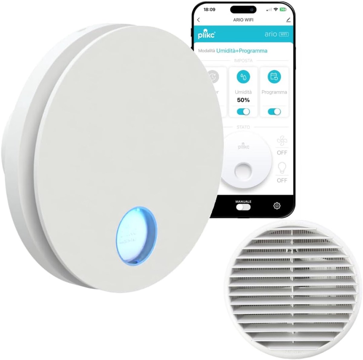 SnelShoppen - WIFI Wandventilator met Axiale Afzuiging Ario W - Vochtigheidsensor, Timer, RGB LED, 100% Made in Italië, Wandrooster (goud Ø 118, wit)