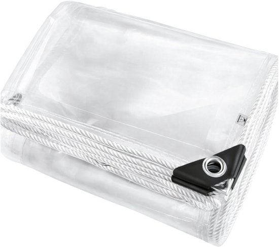 Bâche transparente en PVC pliée, avec des cordes blanches le long des bords et des coins renforcés.