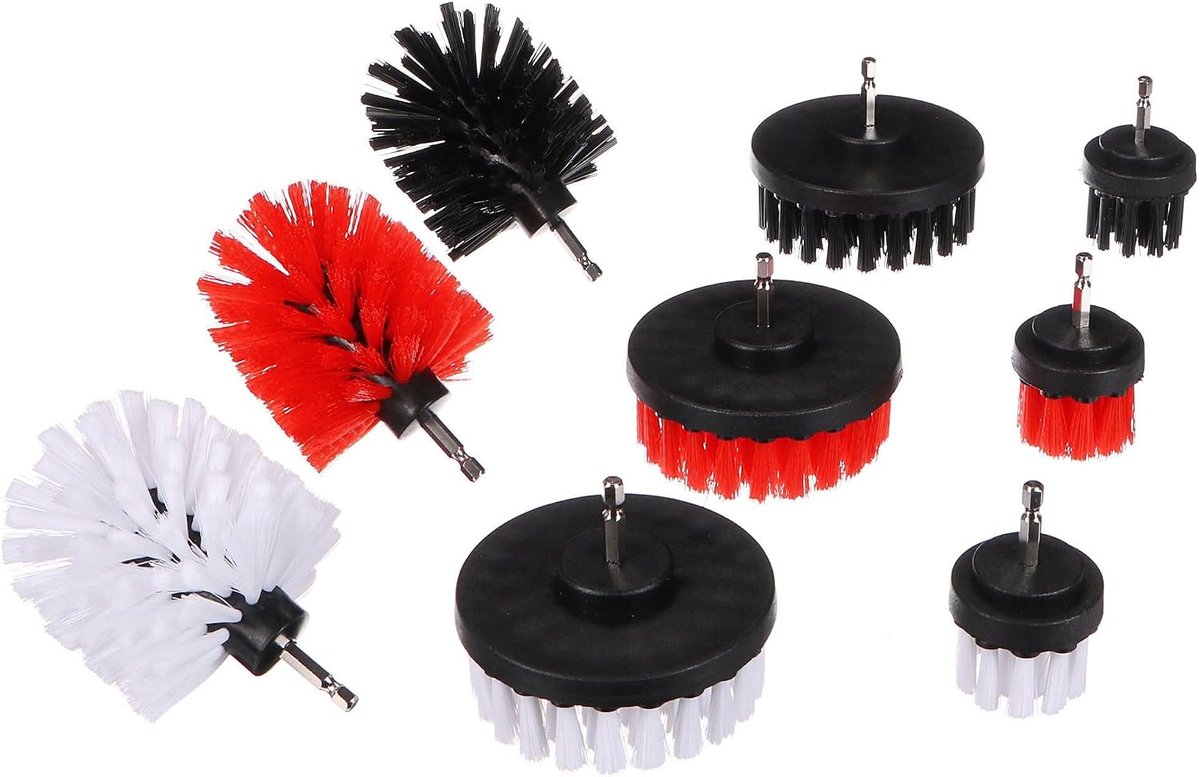 DETAILING DRILL BRUSH 9 | Set van 9 boorborstels | Voor auto- en huishoudreiniging | 3 hardheden (zwart, rood, wit) | Nylon borstels