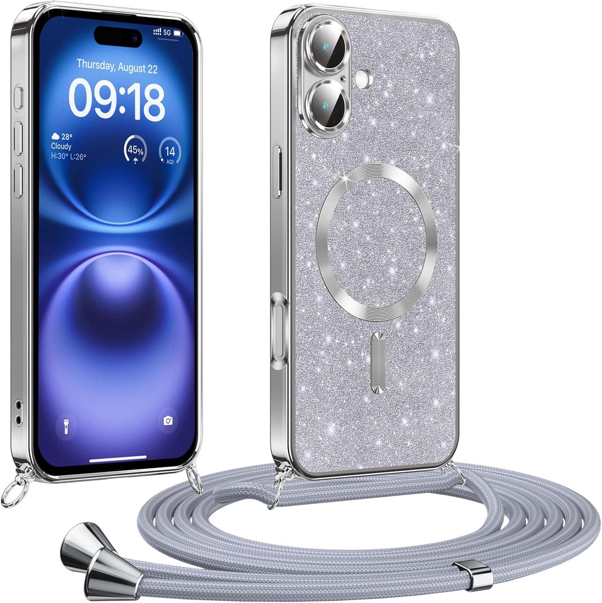 Telefoonhoesje voor iPhone 16 met koord, glitterhoes, compatibel met MagSafe, volledige bescherming, krasbestendig, schokbestendig, beschermhoes met verstelbare ketting, zilver