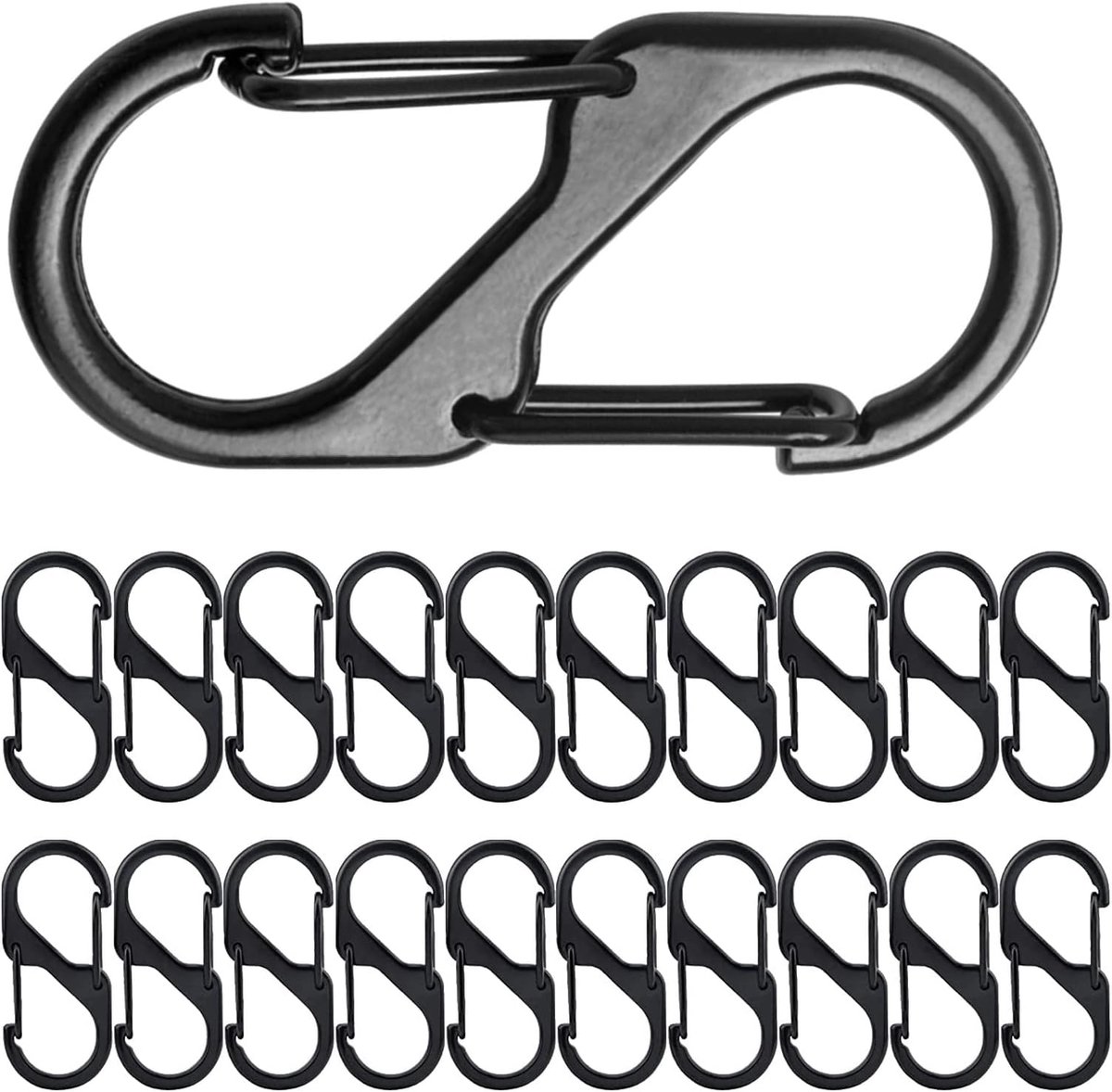 20 stuks S-karabijnhaken, sleutelhanger, mini zwarte sleutelhanger, aluminiumlegering, karabijnhaak, S-vorm, metalen gesp, dubbele karabijnhaak, voor wandelen, kamperen, reizen