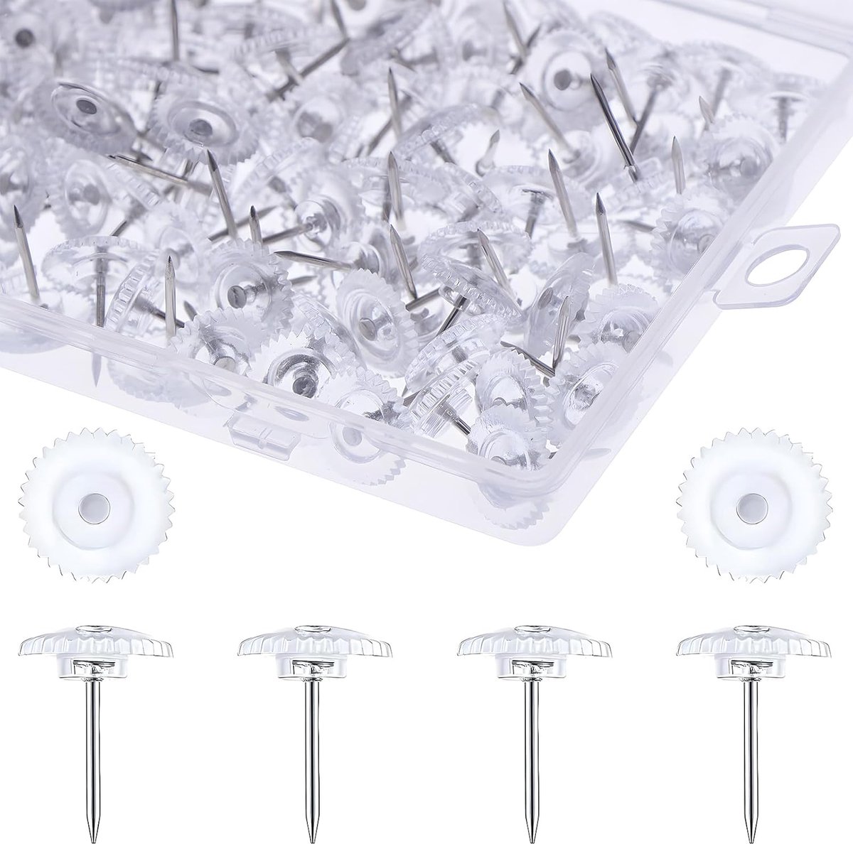 150Pcs Clear Duim Tacks Plastic Transparante Decoratieve Push Pins Platte Hoofd Stalen Punt Muur Pins Kleine Gear Styled Plastic Pushpins voor Cork Bulletin Board School, Kantoorbenodigdheden