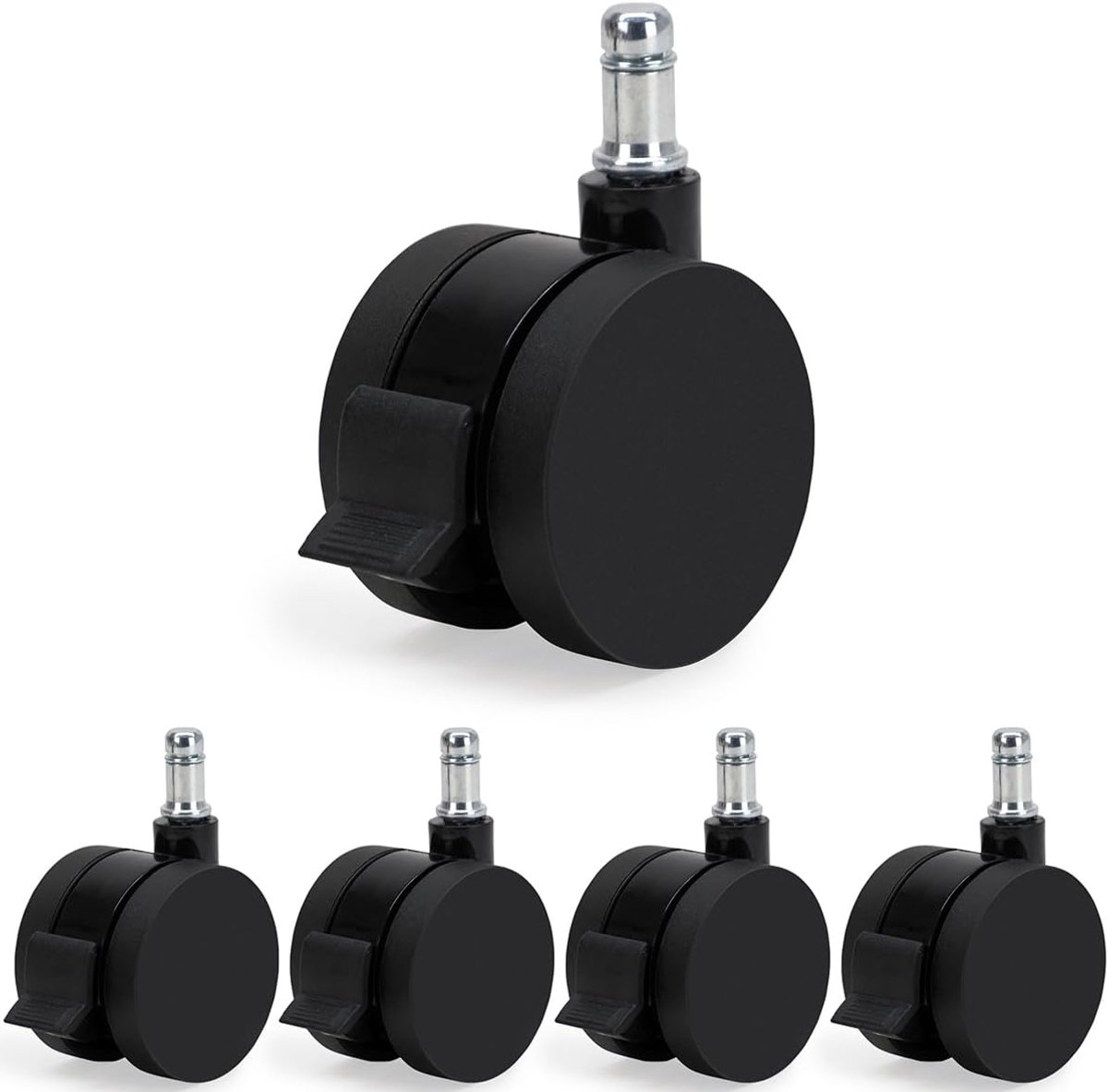 78602 Bureaustoelwielen met rem, diameter 60 mm, voor harde vloeren, parket, laminaat, tegels, 5 stuks, kleur: zwart