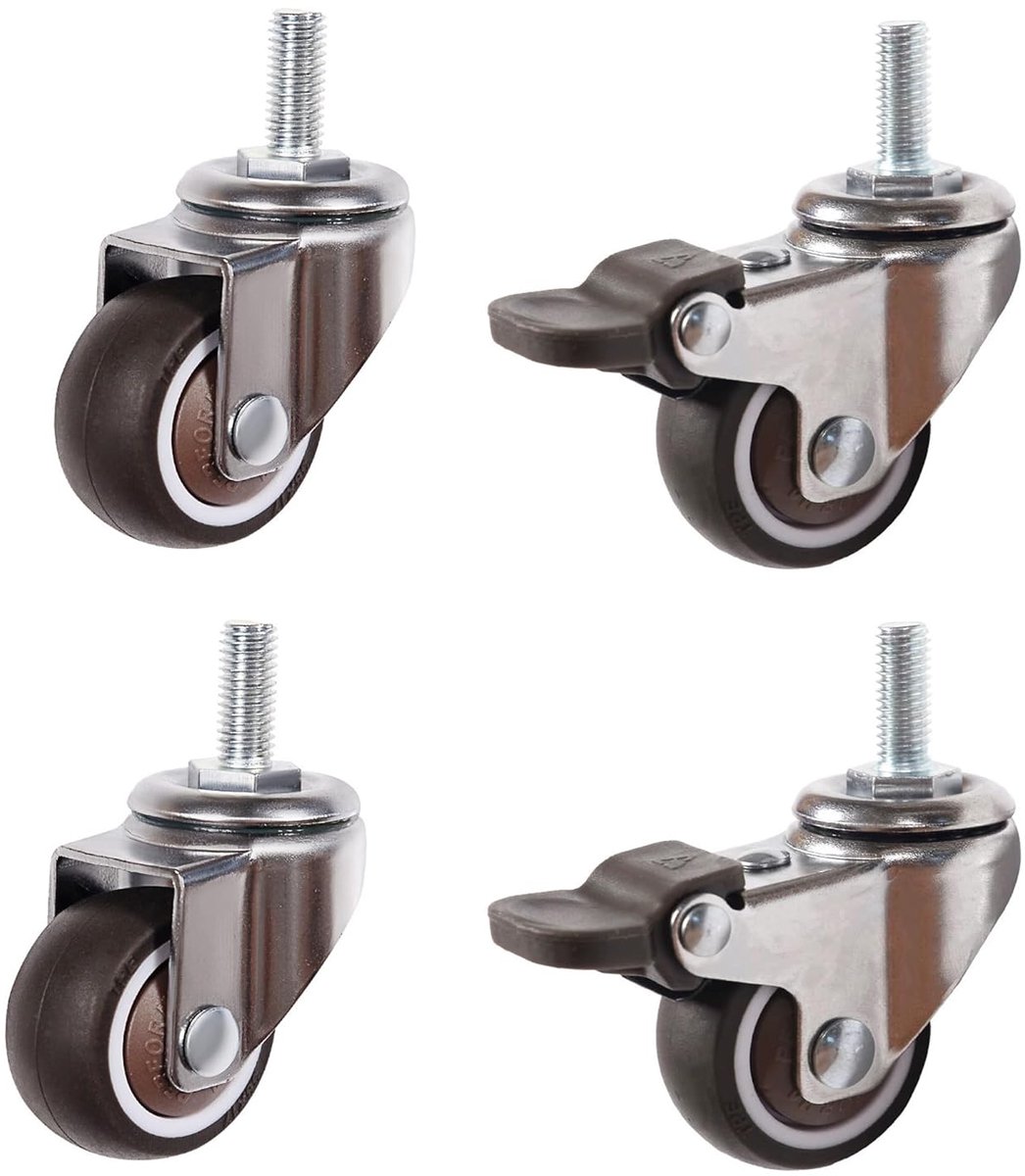 schroefdraadstang M8 x 20 mm, laag profiel rubberen zwenkwielen, geschikt voor kleine wagens, meubels, planken, set van 4, draagkracht 80 kg (38 mm, 2 zonder remmen + 2 met