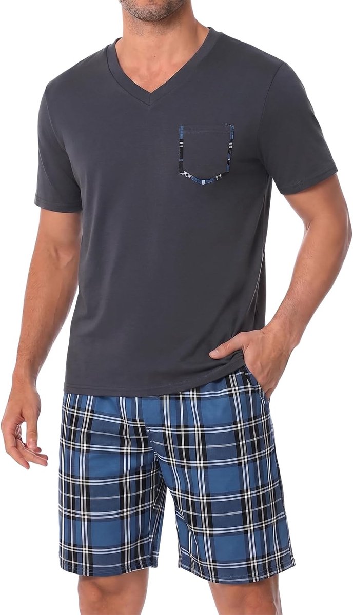 Zomerpyjama voor heren, katoen, kort, V-hals, tweedelig, met zakken