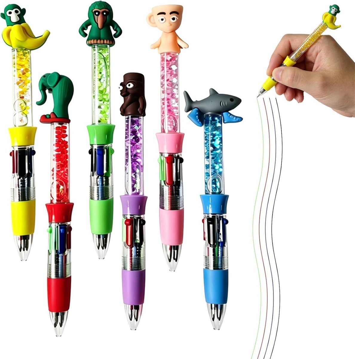 Set van 6 balpennen voor kinderen - kleurrijke mini-pennen met glitterpailletten - grappige ontwerpen - SnelShoppen