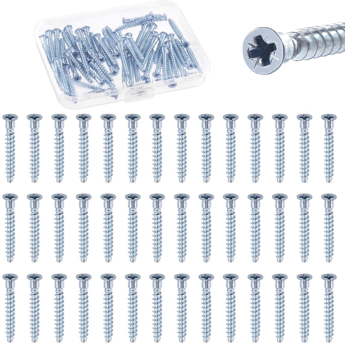 50 stuks M5 x 35 Pozi-Flat Head Confirmat Schroefset, Zinkgegalvaniseerde Koolstofstaal Cross Zelfboor Schroef, Pozi Drive Meubelschroeven voor Schappen, Banken, Meubelverbinding