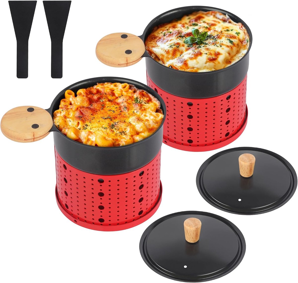 ipow Set van 2 Raclette-apparaat met antiaanbaklaag, individuele rakelpan, snel, draadloos, voor smeltkaas, chocolade, gebakken ei, tafel, tuin, camping, 2 spatels