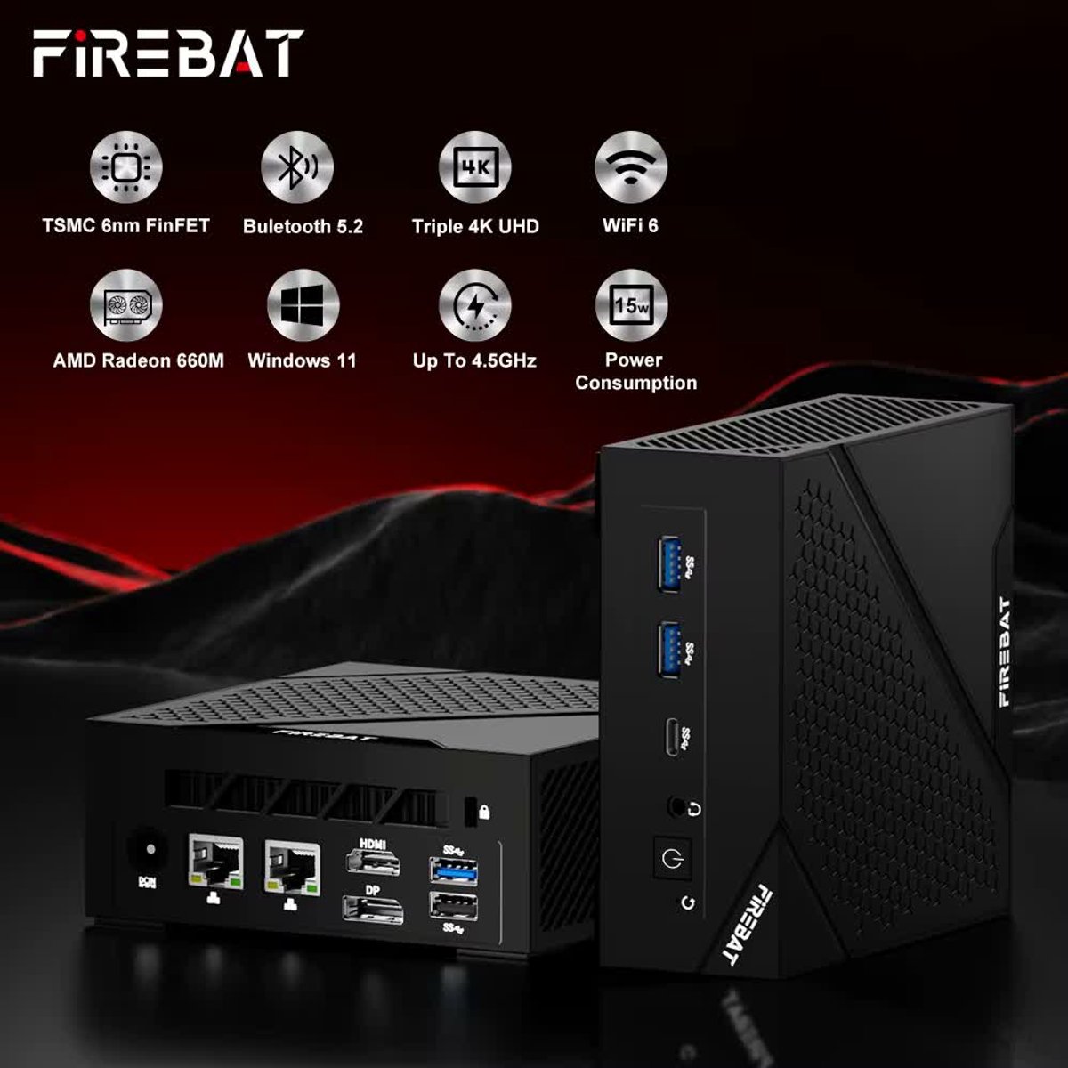 Firebat AM02 Mini PC – AMD Ryzen 5 6600H – 16GB RAM – 512GB SSD – Windows 11 Pro – WiFi 6 – Zwart