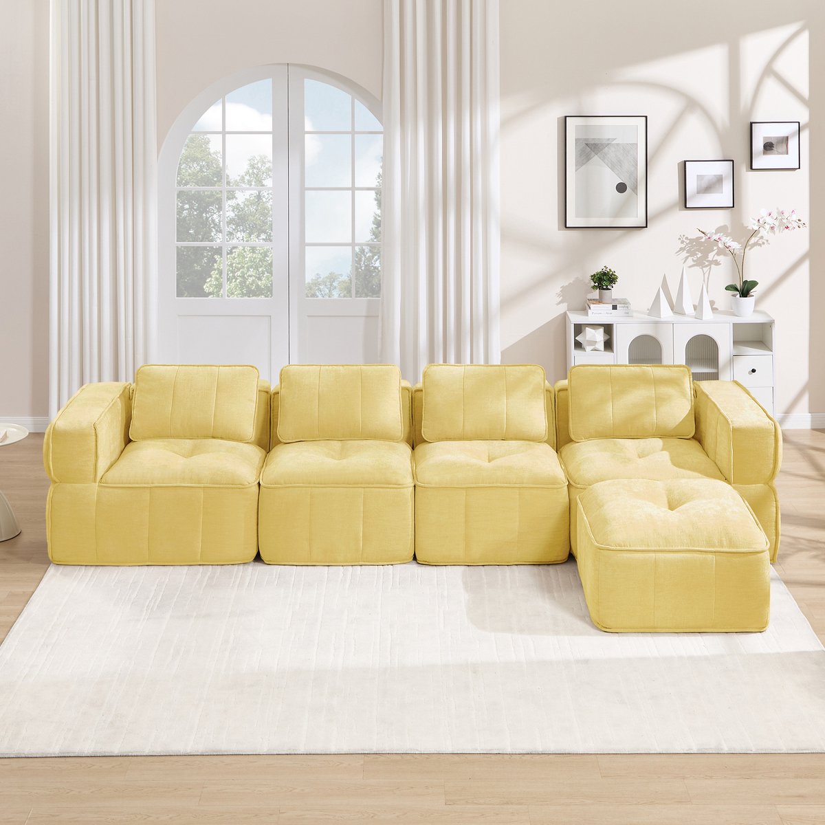 Pugsdrly 4-zits L-vormige frameloze modulaire bank met een poef, gevuld met 32D-schuim met hoge dichtheid, diep zitkussen, zachte en comfortabele stof, ideaal voor de woonkamer, geel.