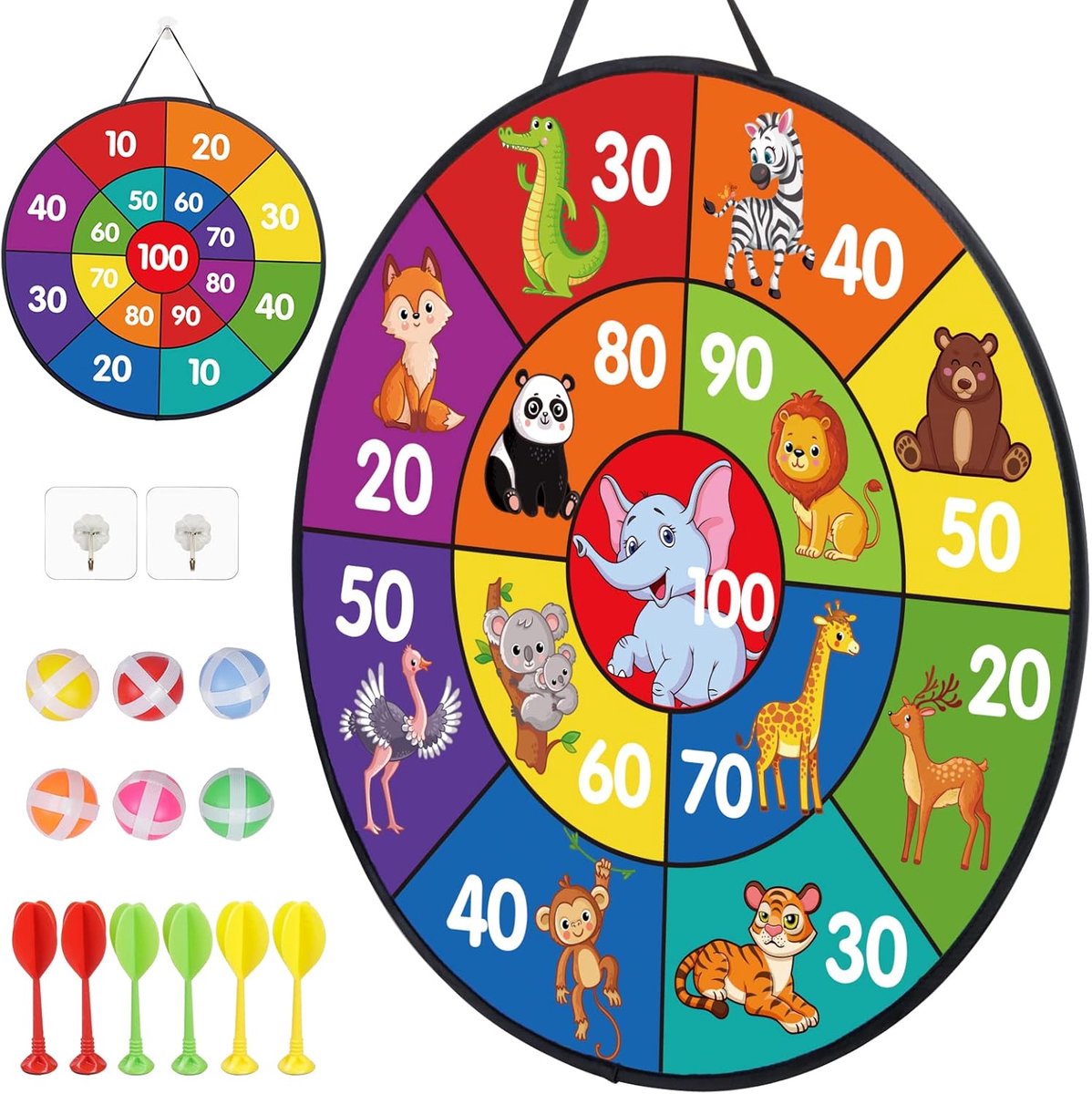 Dartbord voor kinderen, veilig voor kinderen, dartbord, dubbelzijdig dartbord, 6 kleverige ballen, 6 darts, voor jongens en meisjes, cadeau voor tuin, binnen en buiten