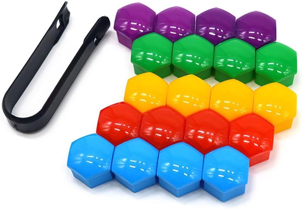 20 Stuks 17 mm Auto Wielmoerafdekkingen Set, Universele Auto Naaf Schroefdop, Zeshoekige Wielmoer Bout Deksel met Verwijderingsgereedschap (Rood Geel Blauw Groen Paars)