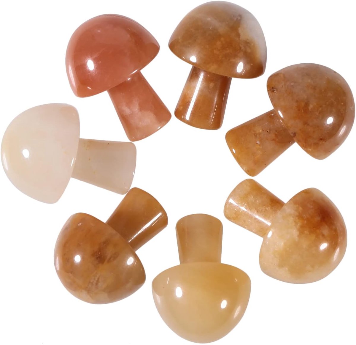 7 stuks kristallen paddenstoel sculptuur steen beeldje, handgesneden edelsteen paddenstoelen handwerk genezing chakra decor, gele jade