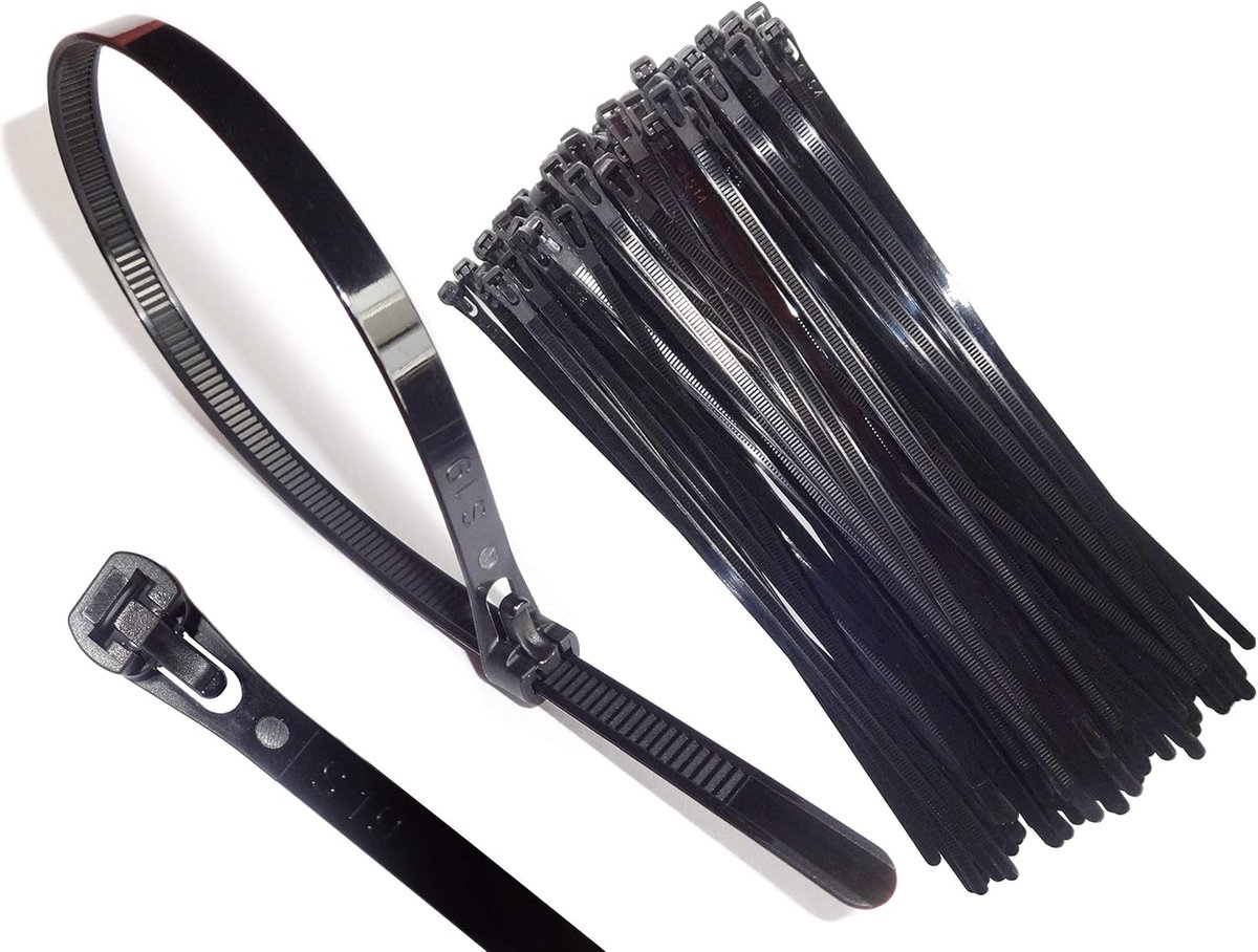 Kabelbinders set herbruikbaar in alle gangbare maten (250 x 7,6 mm zwart 110 stuks)