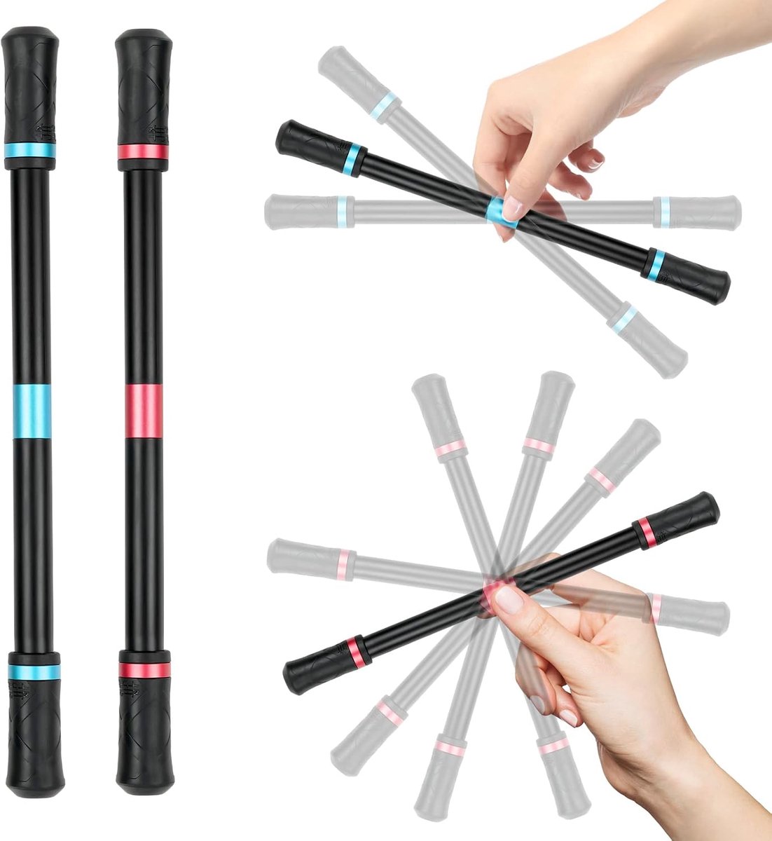 2-pack drukverlichtende vingerdraaipennen, vingerdraaipennen, antislip draaipennen, geschikt voor studentenentertainment en kantoorbenodigdheden, geen vervangingskernen nodig (blauw + rood)