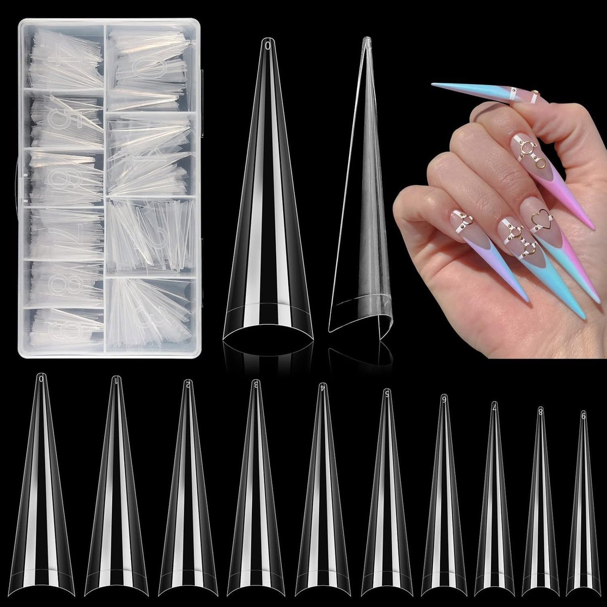 500 stuks stiletto lange nageltips: lange heldere kunstnagels - halve dekking, rechte taps toelopende nagelkunst zonder C-curve, nagelkunst, geschikt voor doe-het-zelf en nagelsalon met doos