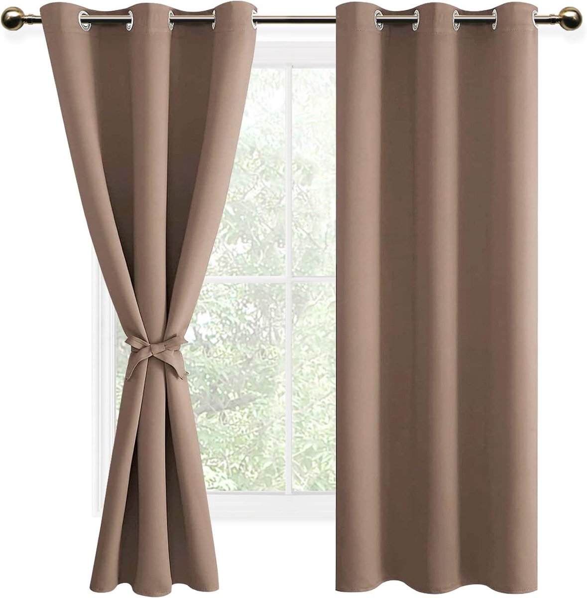 Set van 2 Gordijnen Verduisterend met Oogjes voor Slaapkamer, Deurgordijn Thermische Gordijnen met Ringen, Keuken, Kant en Klaar, 106x160 cm (B x H), kaki