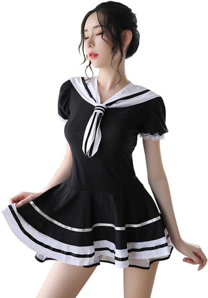 Sexy Schoolmeisje Outfit Anime Lingerie Geplooide Rok Uniform Jurk Leuke Student Cosplay Lingerie Pak, 6914 zwart, Een Maat