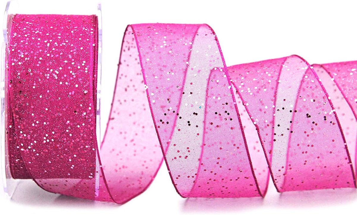 glitter roze 20 m x 40 mm stoffen lint transparant glanzend organza met draadranden elegant Kerstmis advent verjaardag premium glitter lint