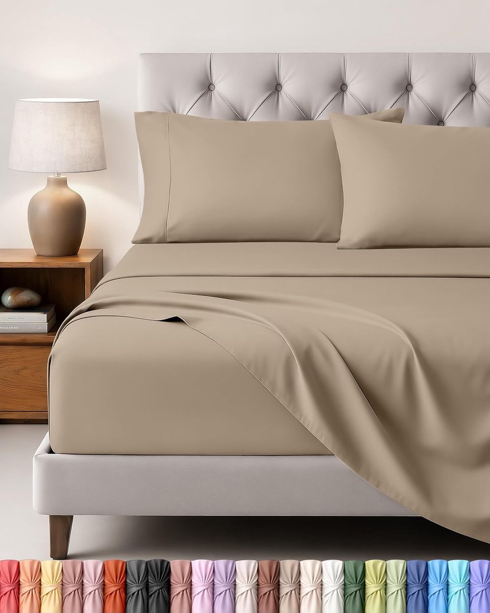Lakenset (Voor Beddenmaat 180x200 cm, Zand) - Polyester Microvezel Stof - 1 Hoeslaken & Vlakke laken met 2 Kussenslopen 50x75 cm