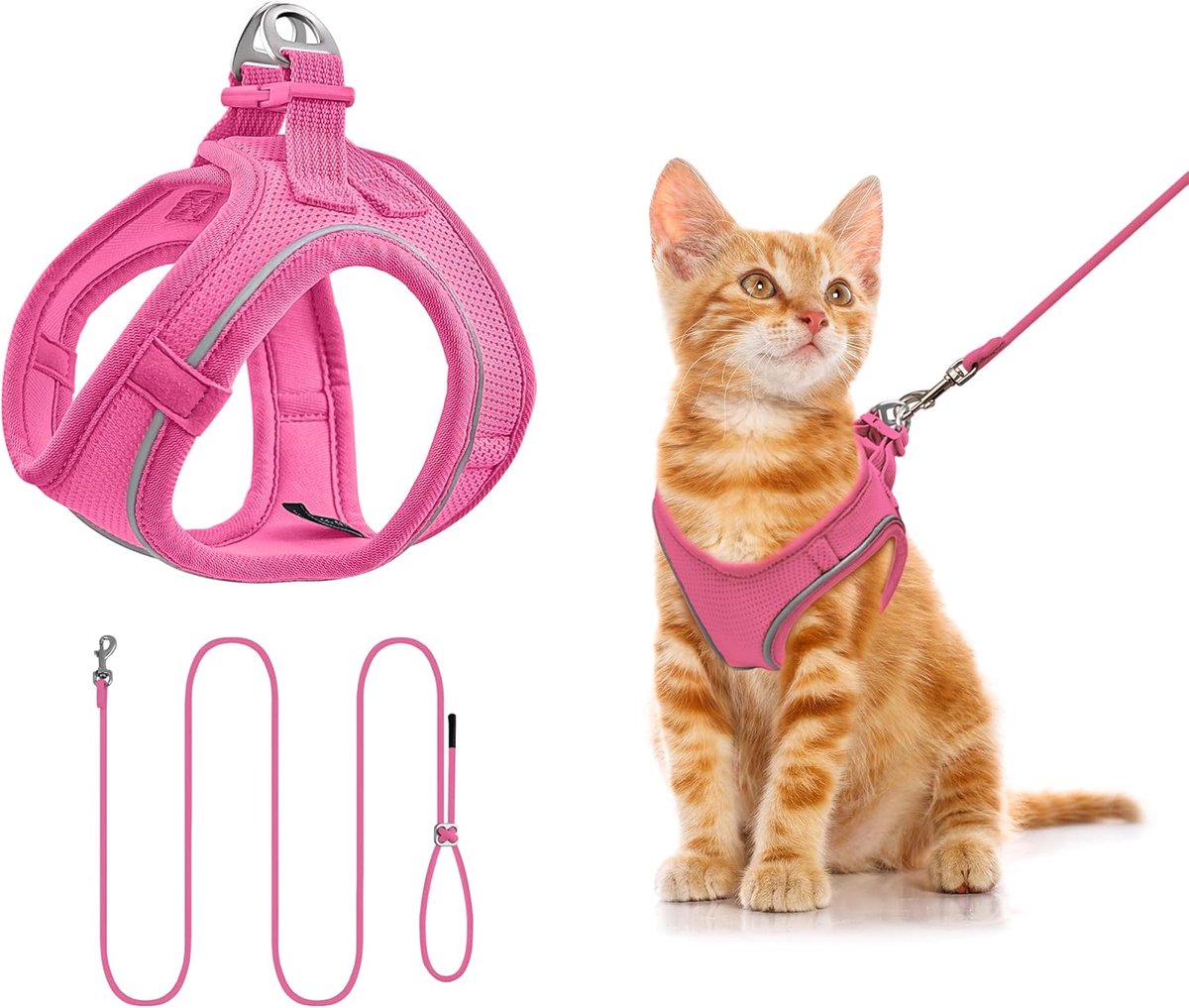 Kattenharnas en riem set voor Kitten (XXXS, roze) | 255 cm riem, anti-ontsnapping, licht, ademend, zacht en comfortabel, reflecterende band, voor wandelingen en reizen