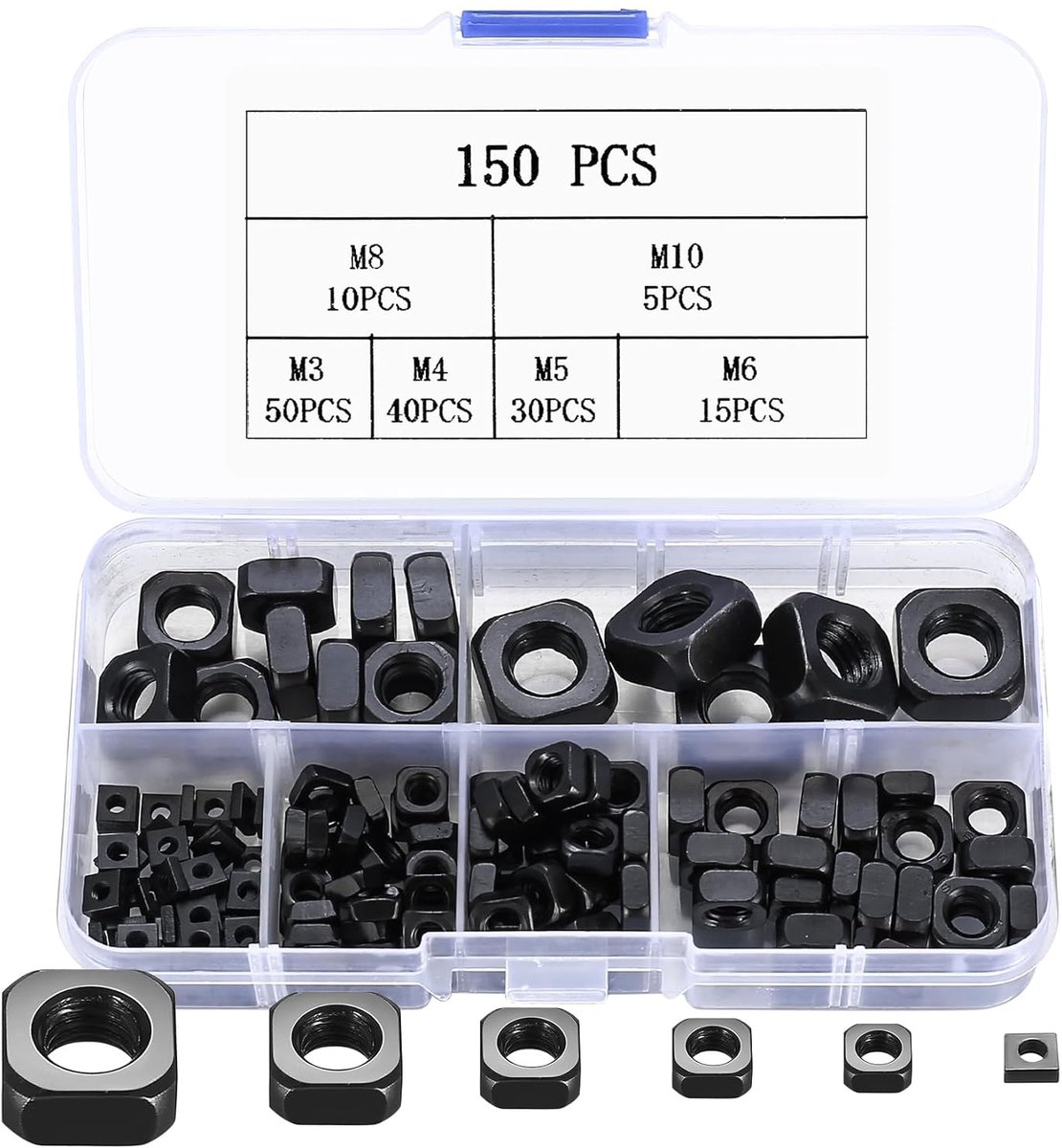 Vierkantmoer, set van 150 stuks koolstofstaal vierkantmoeren, vierkante moeren, draadmoeren, vierkante inlegmoeren, assortiment voor houten meubels, schroefmoeren - M3, M4, M5, M6, M8, M10 (Zwart)