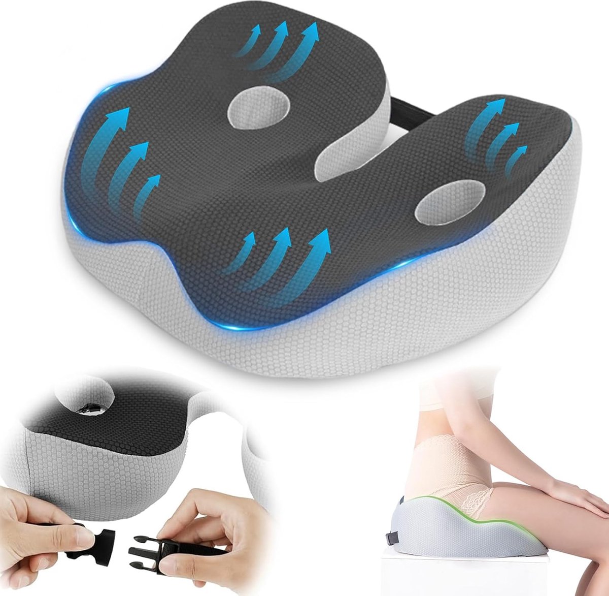 SnelShoppen - Ergonomisch Kantoorstoel Kussen, Coccyx Kussen, Geheugenfoam U Vorm Kussen, Wasbare Hoes, Antislip voor Kantoorstoel en Thuis, Grijs