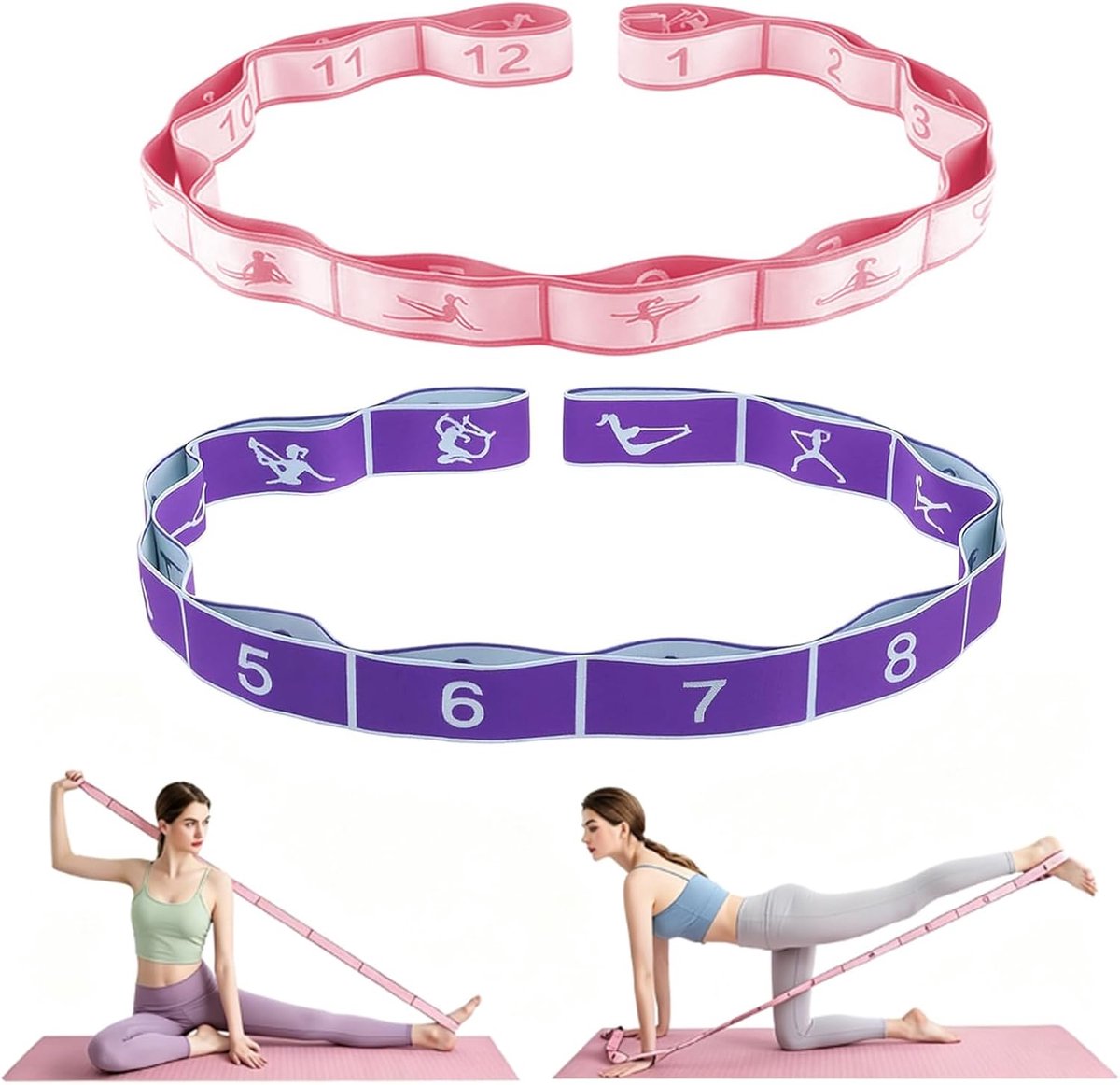 Yoga-riem 2 stuks - elastische band met 8 gespen - voor gecontroleerd rekken - ideaal voor yoga en pilates - SnelShoppen