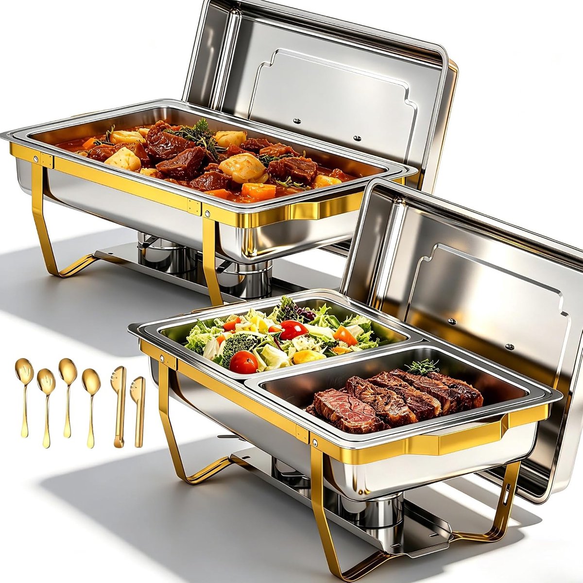 2 Stuks Gouden Chafing Dish Set, 9 QT Rechthoekige Buffetschalen met Deksel en Inklapbaar Statief, RVS Buffet Server Voedselwarmers voor Feesten, Bruiloften, Catering Evenementen