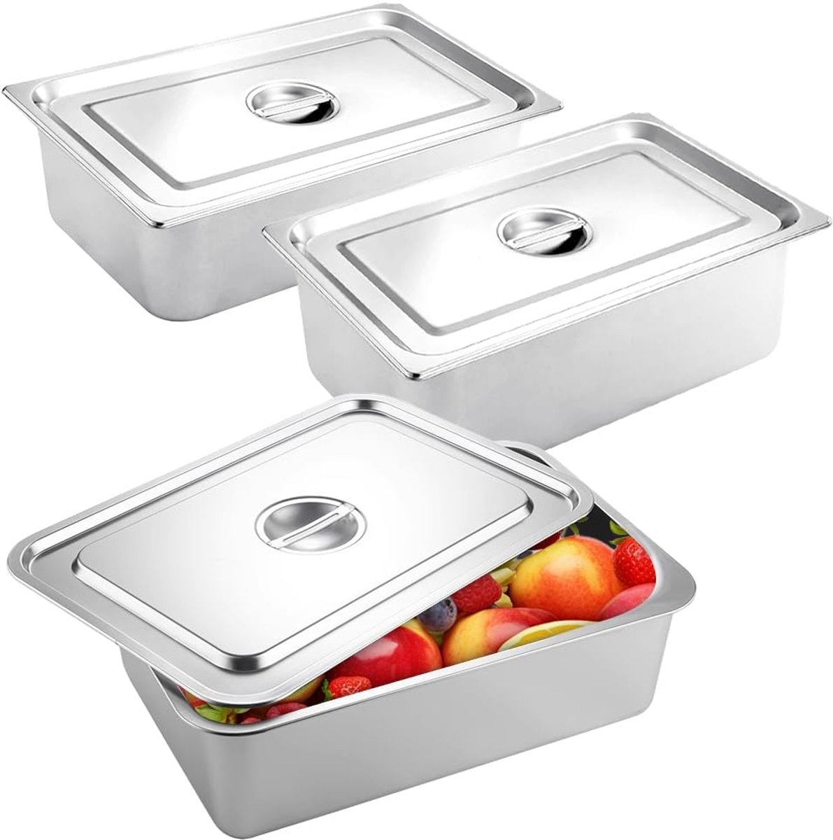 Set van 3 GN 1/3 roestvrijstalen kommen met deksel, 32,5 x 17,5 x 6,5 cm, voor warme en koude levensmiddelen, buffetpan, catering, gemakkelijk te reinigen