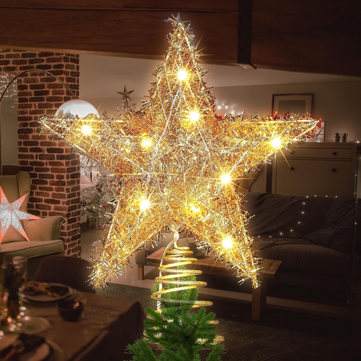 Ster voor de Kerstboom, Groot 25x30cm, 20 Warm Witte LED-verlichting met Glinsterend Garen, Decoratie voor de Top van de Kerstboom. (Goud)