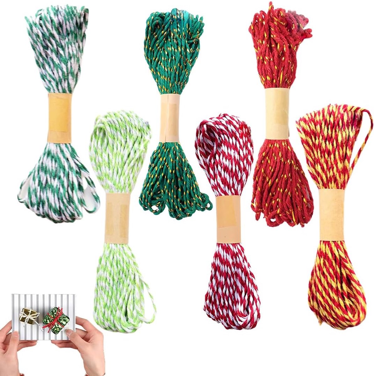 6 stuks katoenen koord, decoratief koord, cadeaugaren, handwerk, doe-het-zelf, gebak, geschenkverpakking, decoratie, Kerstmis (rood, groen, 60 m)