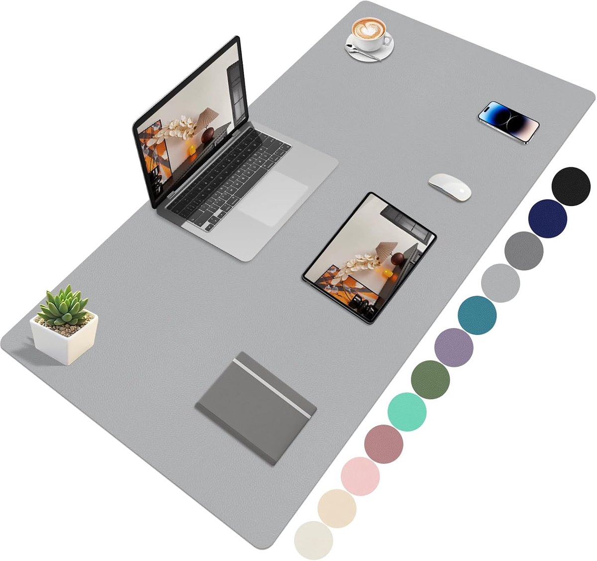 Bureauonderlegger, leer, XXL muismat, bureaumat, antislip PU-lederen tafelonderlegger, waterdichte bureaumuismat voor kantoor, thuis en laptop, 120 x 60 cm, lichtgrijs