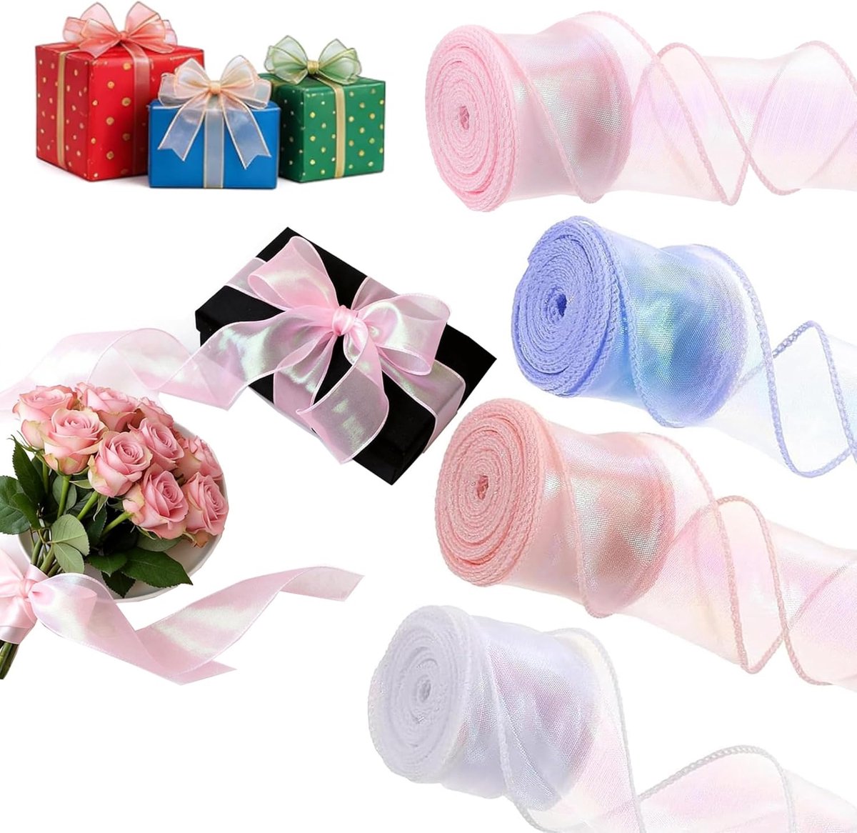 4 rollen 40 mm cadeaulint, transparant lint, paars, roze, kaneel, bruiloft, glinsterend organzalint, breed, chiffonlint voor geschenkdecoratie, bruiloft, uitnodigingen, boeket, knutselen