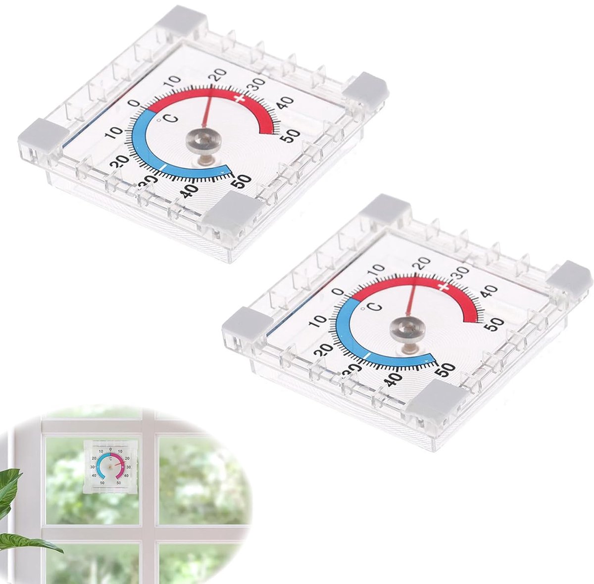 Set van 2 raamthermometers voor buiten, weerbestendig, buitenthermometer, +- 50 °C buitenthermometer, buitenthermometer voor ramen, nauwkeurige meting van de temperatuur, voor buiten en ramen