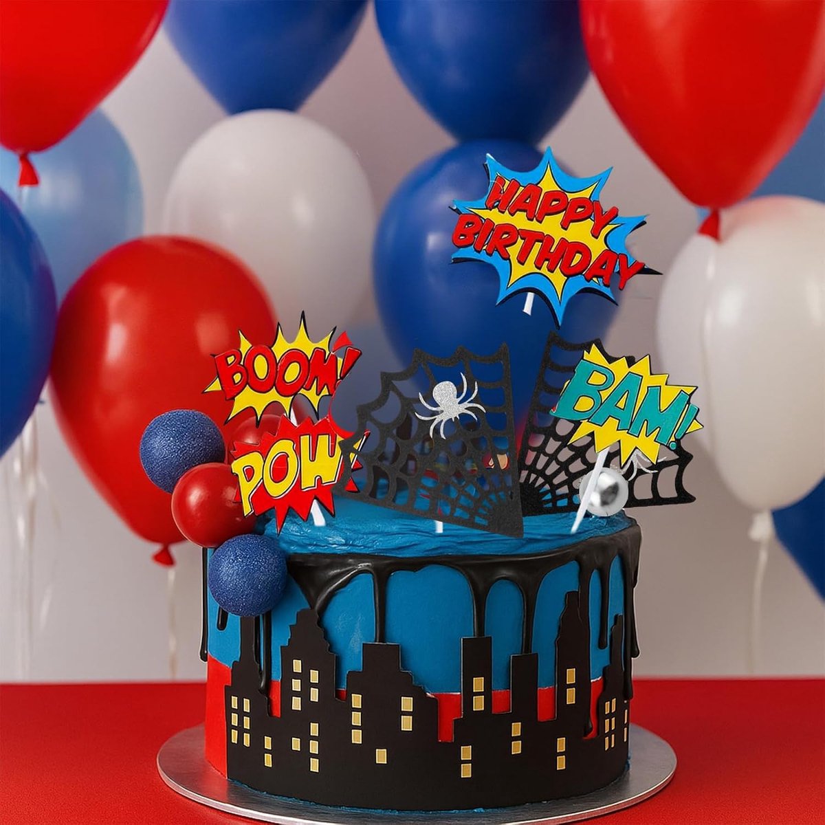 taartdecoratie jongen taartkarakter meisje jongen verjaardagsfeestje Halloween Kerstfeest taartdecoratie bal | Jongens spinnenweb met decoratieve ballen voor taarten, kinderfeest, Halloween en Kerstmis