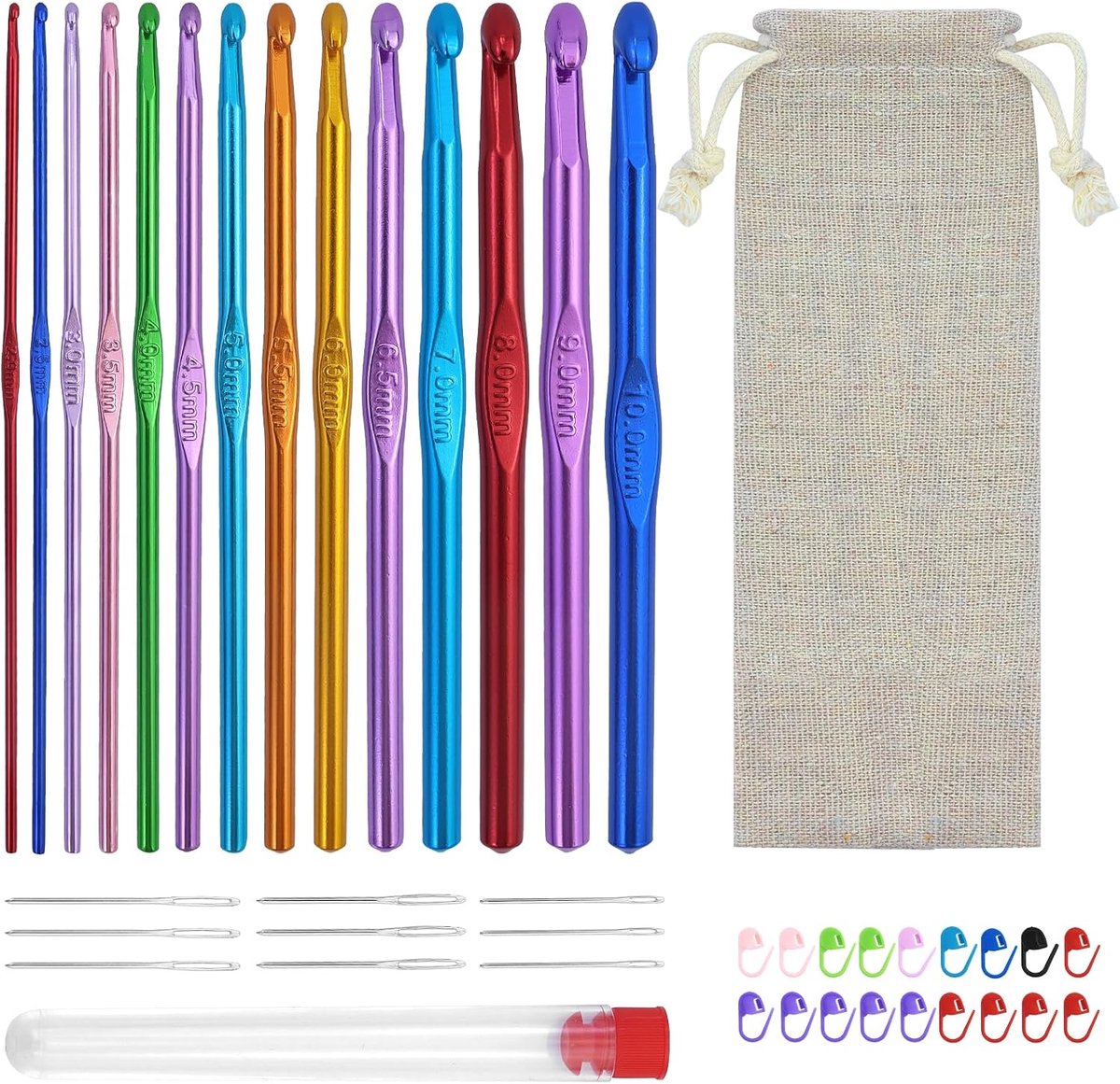Haaknaaldenset, 14 stuks aluminium haaknaalden, 2,0 mm - 10,0 mm haaknaalden, breinaalden, met 10 stuks breimarkeringen, met opbergtas en 9 naaldflessenset