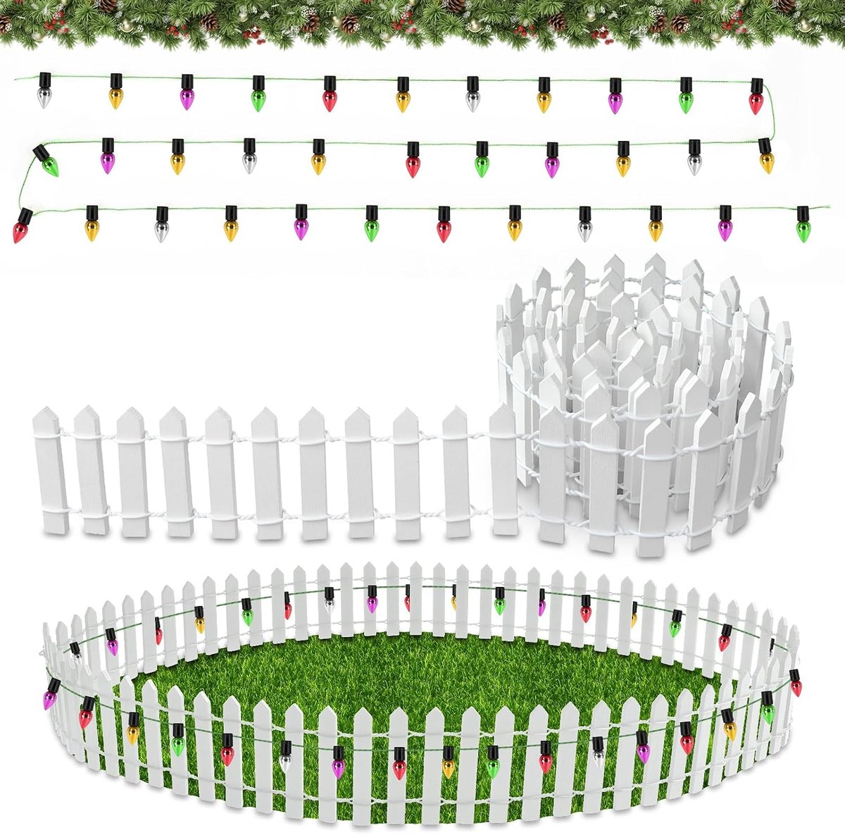 Accessoires Kerstmis, miniatuur omheining tuinhek hout, 90 x 5 cm kabouter hek met 100 cm decoratieve lichtketting, Kerstmis miniatuur omheining houten hek, poppenhuis accessoires