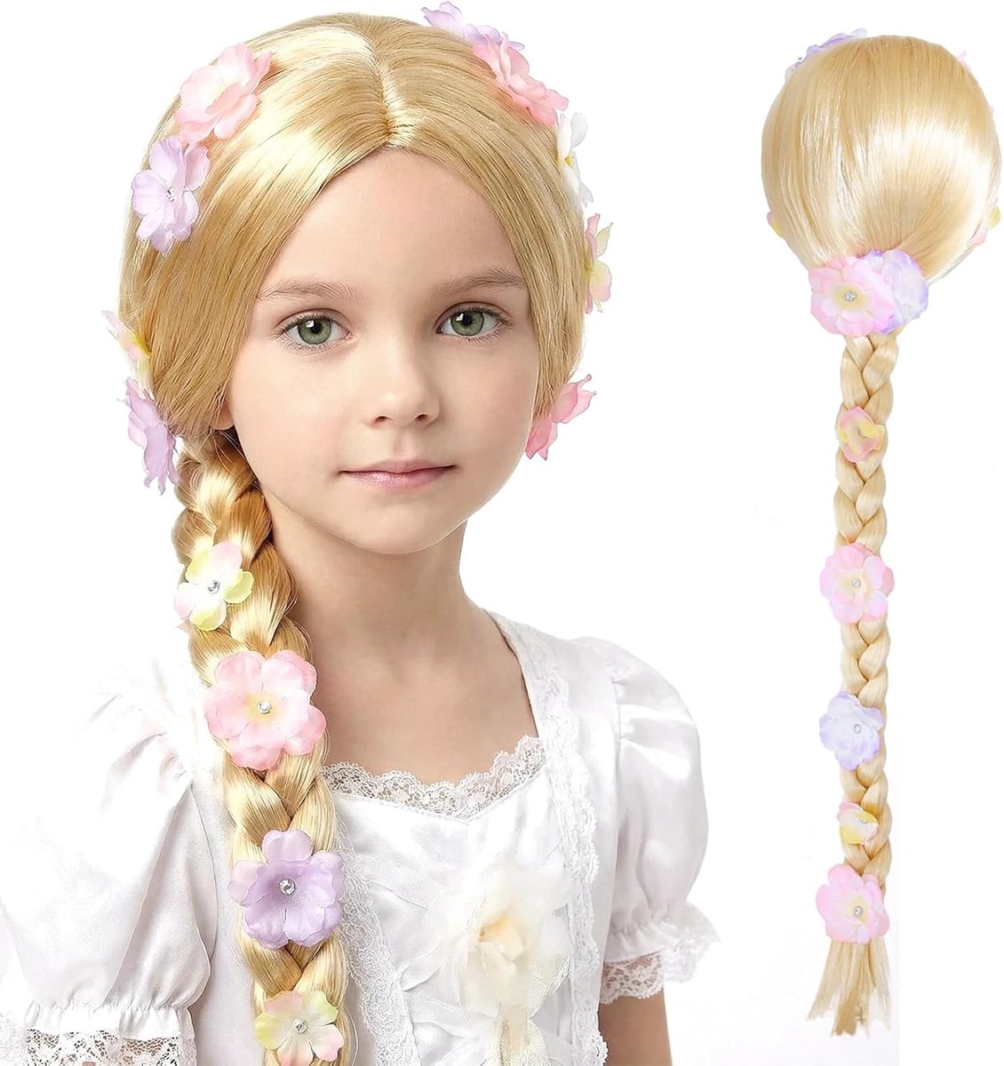 Pruiken, kinderpruik, blond, prinsessenpruik, cosplay kinderen, kinderpruiken voor meisjes, lang haar, vlechten, Rapunzel kostuum voor Halloween, carnaval, party, gemaskerd bal