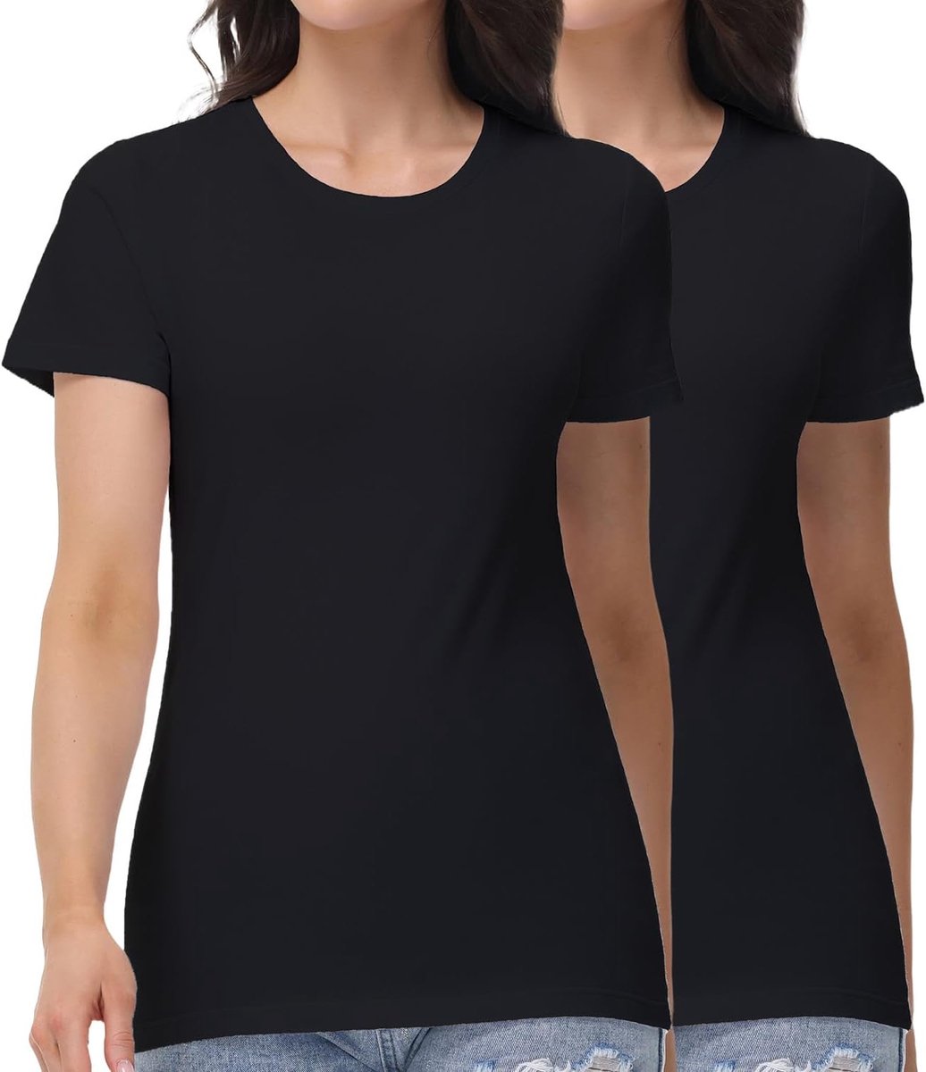 wirarpa Katoenen T-shirts met ronde hals voor dames, basic korte mouwen, casual T-shirts, zachte alledaagse onderhemden tops, set van 2, Zwart,S